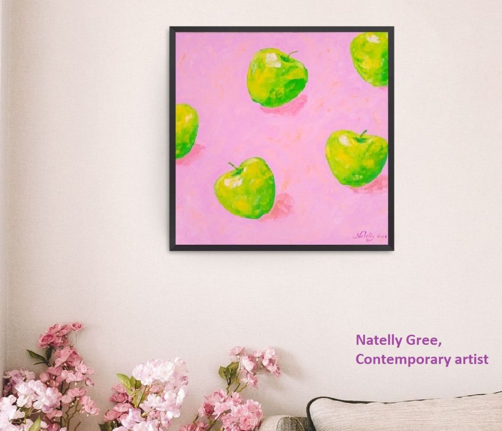 Apples at pink, Original painting by Contemporary Artist Natelly Gree, oil on canvas, hand painted