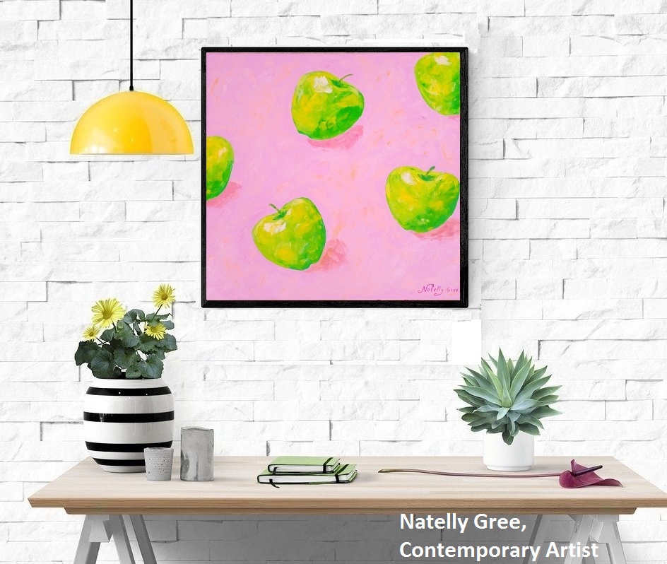 Apples at pink, Original painting by Contemporary Artist Natelly Gree, oil on canvas, hand painted