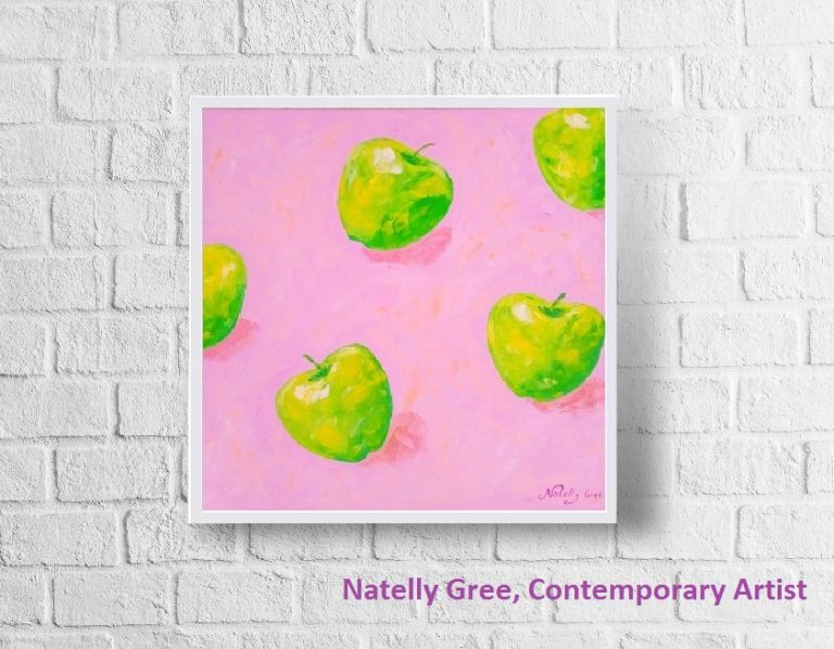 Apples on pink, art