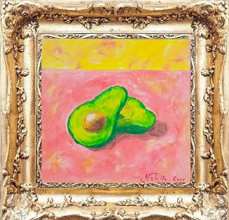 Avocado at pink, Original painting by Contemporary Artist Natelly Gree, oil on canvas, hand painted