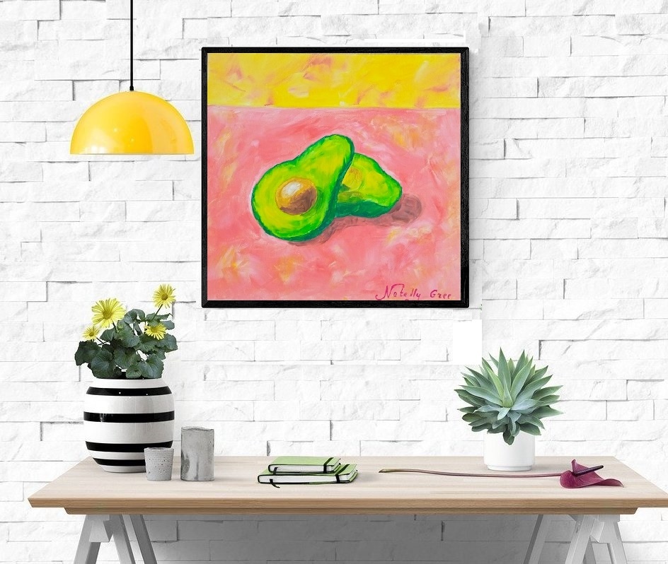 Avocado at pink, Original painting by Contemporary Artist Natelly Gree, oil on canvas, hand painted