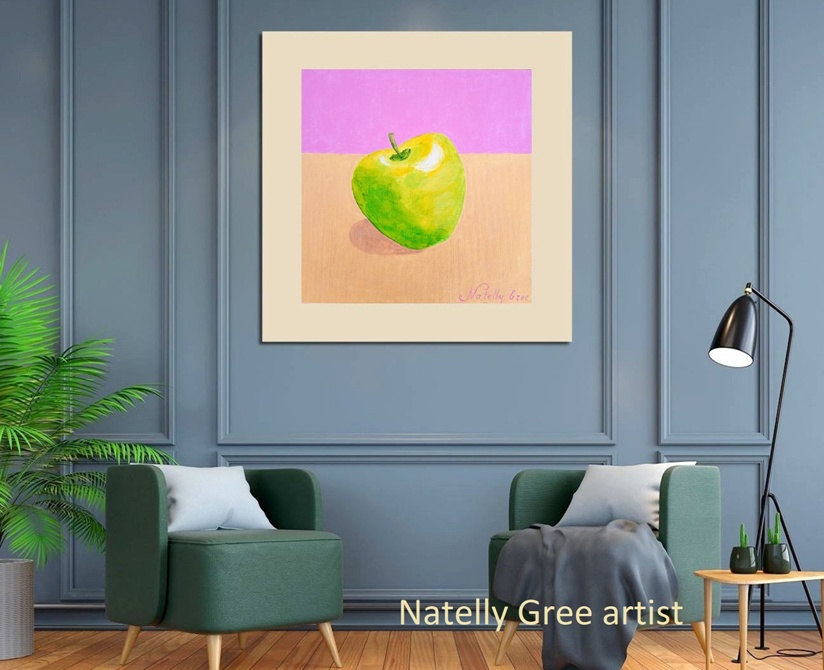 Apple on Gold, Original painting by Contemporary Artist Natelly Gree, acrylic on canvas, hand painted, Minimalist style