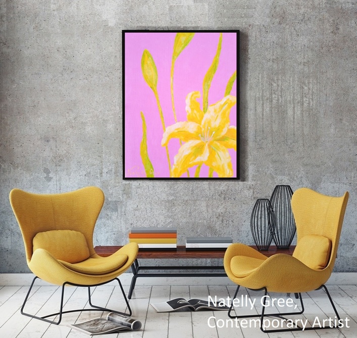 Lily on Pink Original painting by Contemporary Artist Natelly Gree, acrylic on canvas Floral Art Minimalist style Flower