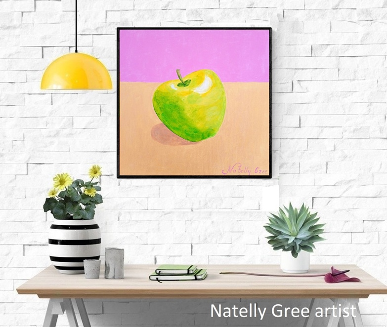 Apple on Gold, Original painting by Contemporary Artist Natelly Gree, acrylic on canvas, hand painted, Minimalist style