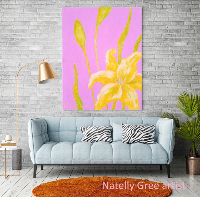 Lily on Pink Original painting by Contemporary Artist Natelly Gree, acrylic on canvas Floral Art Minimalist style Flower