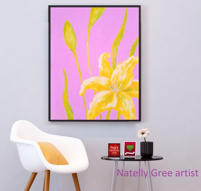 Lily on Pink Original painting by Contemporary Artist Natelly Gree, acrylic on canvas Floral Art Minimalist style Flower