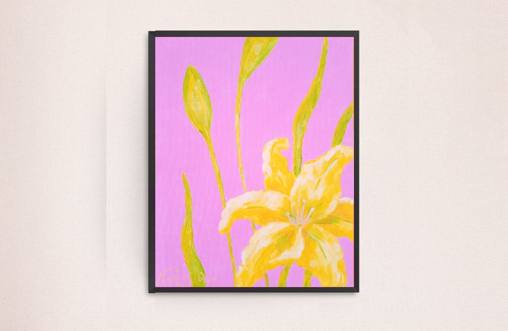 Lily on Pink Original painting by Contemporary Artist Natelly Gree, acrylic on canvas Floral Art Minimalist style Flower