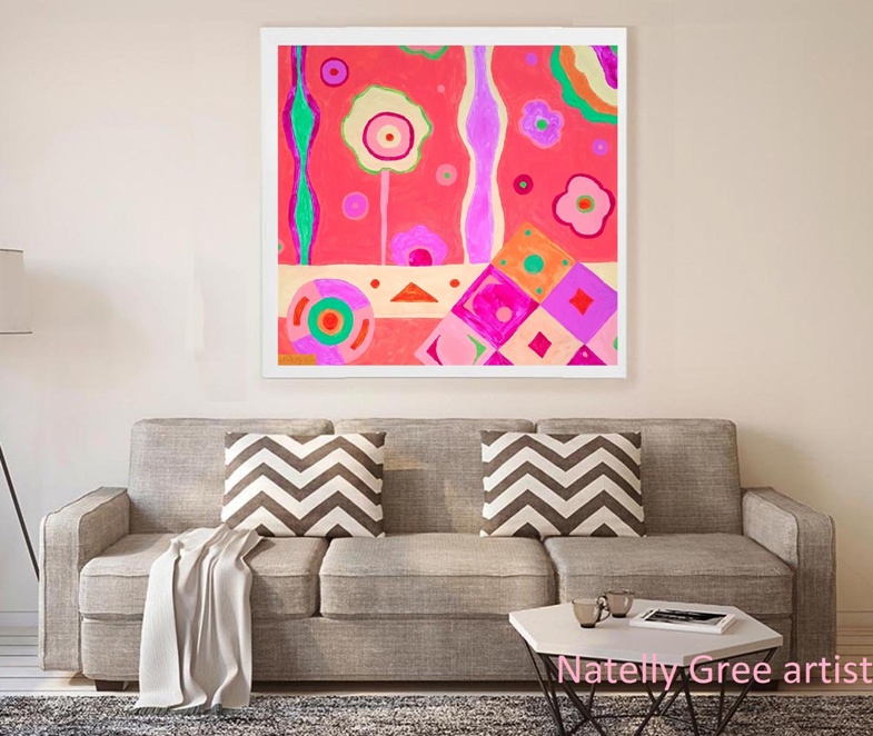 Pink Life Extra Large Painting by Contemporary Artist Natelly Gree Extra Large Wall Decor hand painted Minimalist style Painting