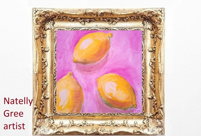 Lemon Painting Original Art Lemons on Pink Modern Wall Art