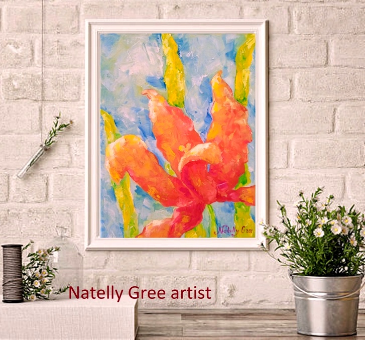 Floral Art Lily pink Impressionist Painting by Contemporary Artist Natelly Gree Colorful Large Wall Decor hand painted Minimalist style Painting