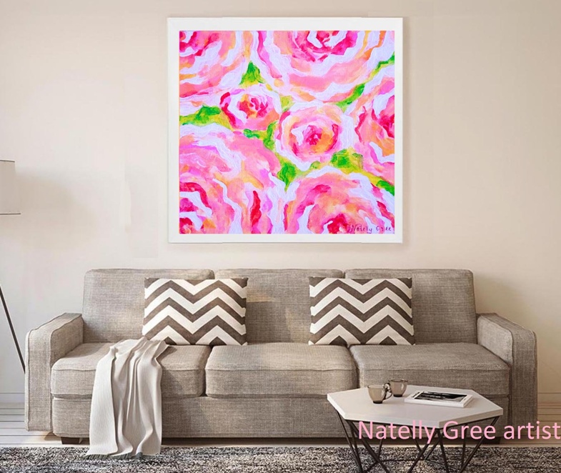 Abstract Roses pink Extra Large Painting by Contemporary Artist Natelly Gree Extra Large Wall Decor hand painted Minimalist style Painting