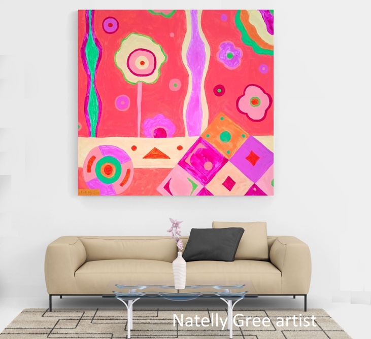 Pink Life Extra Large Painting by Contemporary Artist Natelly Gree Extra Large Wall Decor hand painted Minimalist style Painting