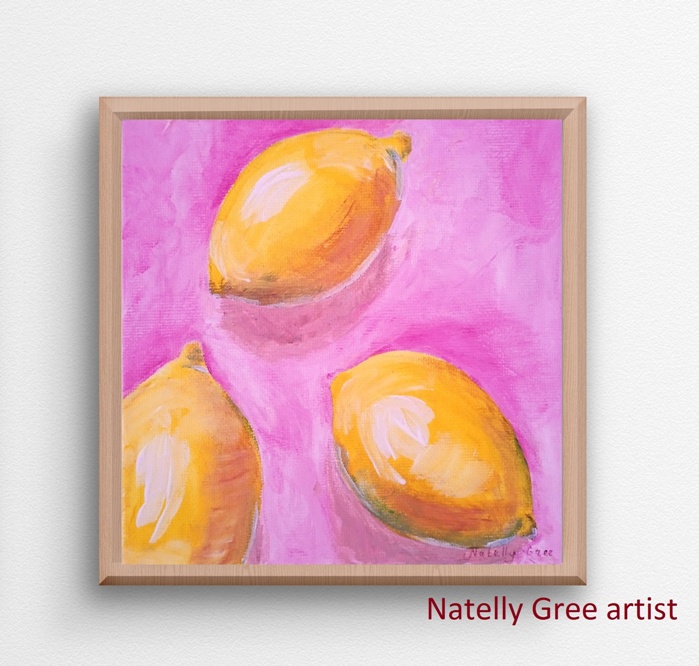 Lemon Painting Original Art Lemons on Pink Modern Wall Art