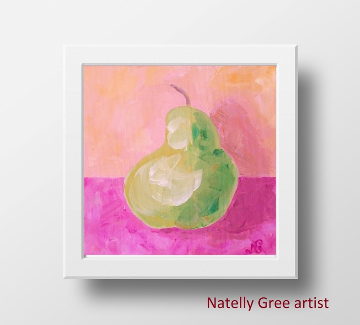 Pear Oil Painting Original Art Pear Fruit Wall Art Impressionist Kitchen Art Minimalist Painting Green Pear Oil Canvas Painting