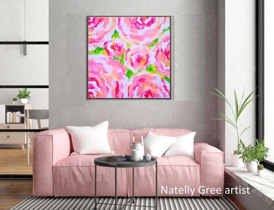 Abstract Roses pink Extra Large Painting by Contemporary Artist Natelly Gree Extra Large Wall Decor hand painted Minimalist style Painting