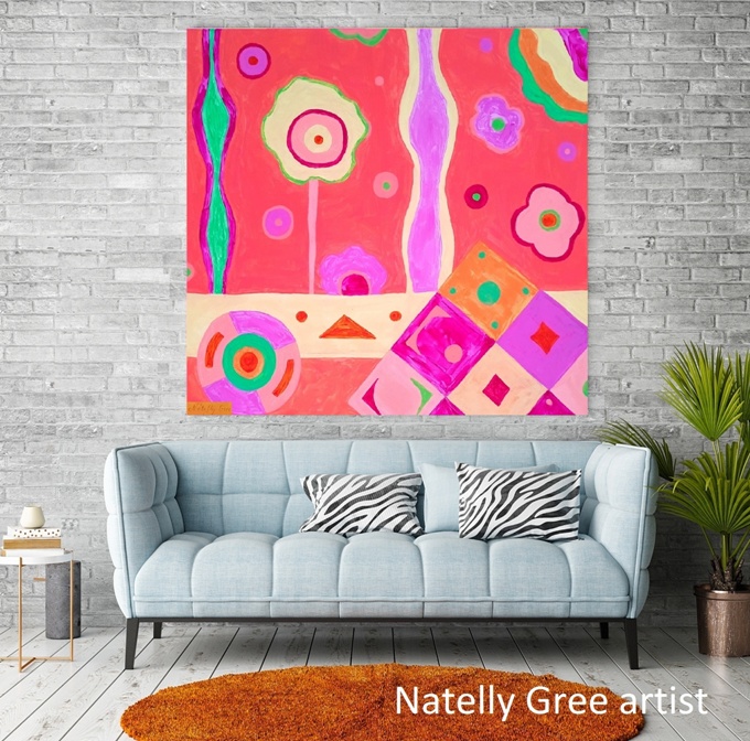 Pink Life Extra Large Painting by Contemporary Artist Natelly Gree Extra Large Wall Decor hand painted Minimalist style Painting