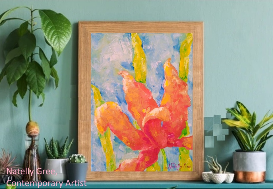 Floral Art Lily pink Impressionist Painting by Contemporary Artist Natelly Gree Colorful Large Wall Decor hand painted Minimalist style Painting