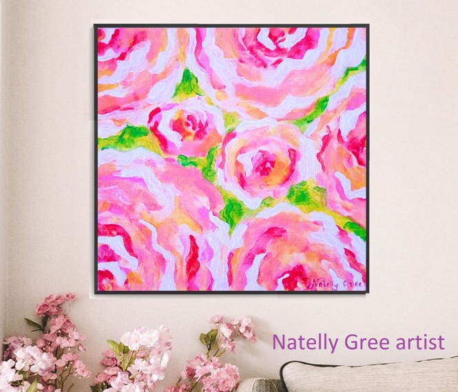 Abstract Roses pink Extra Large Painting by Contemporary Artist Natelly Gree Extra Large Wall Decor hand painted Minimalist style Painting