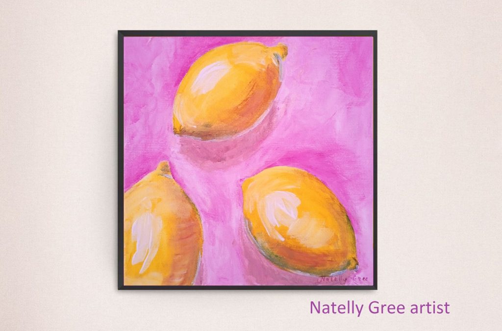 Lemon Painting Original Art Lemons on Pink Modern Wall Art