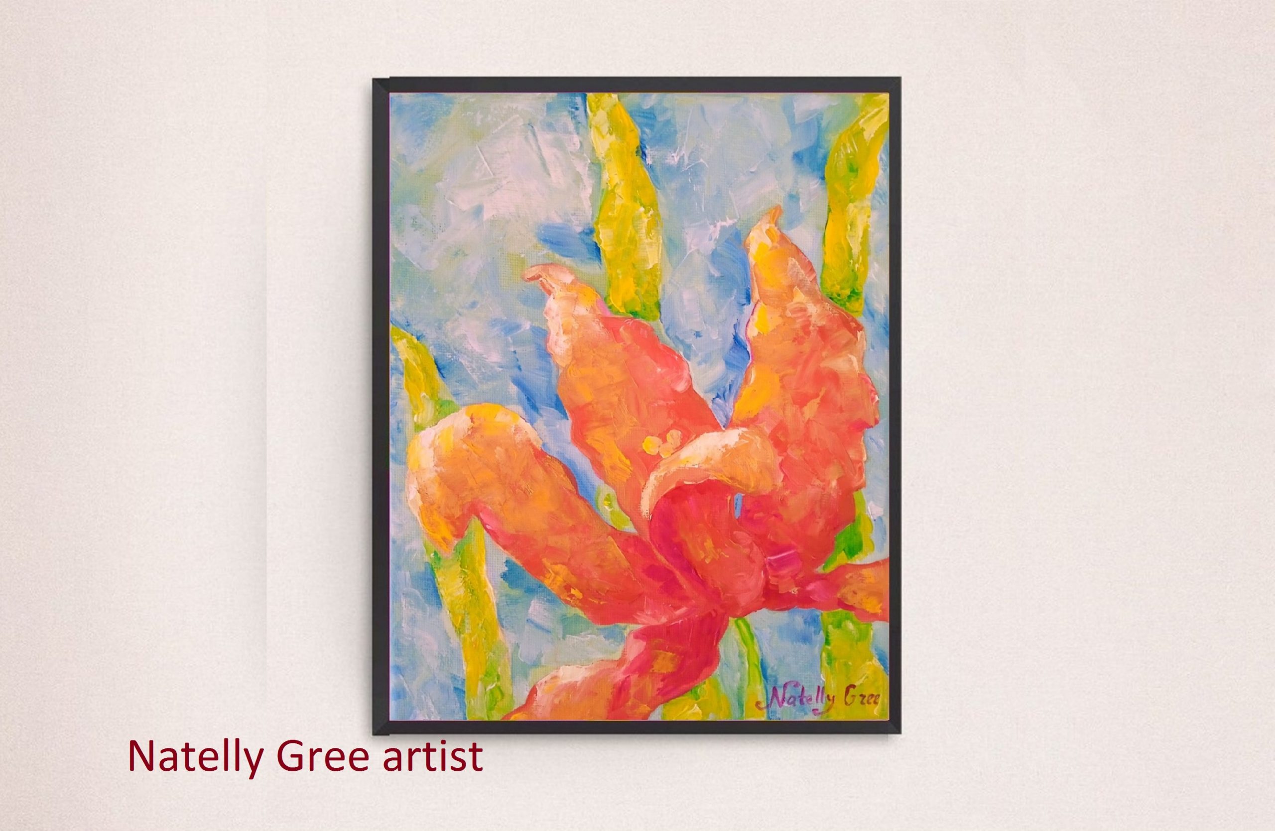 Floral Art Lily pink Impressionist Painting by Contemporary Artist Natelly Gree Colorful Large Wall Decor hand painted Minimalist style Painting