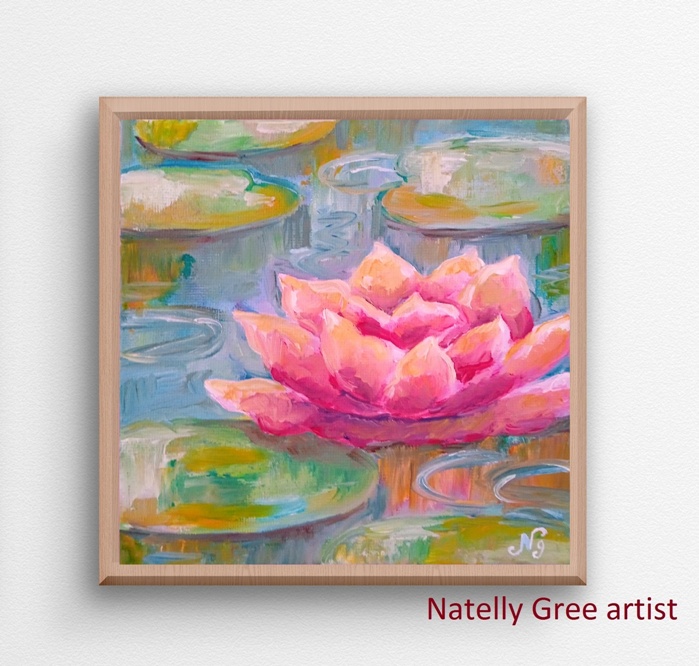 Water Llily Oil Painting Original Art Iris Flower Wall Art Impressionist Floral Art Minimalist Painting Water Lily Oil Canvas Painting