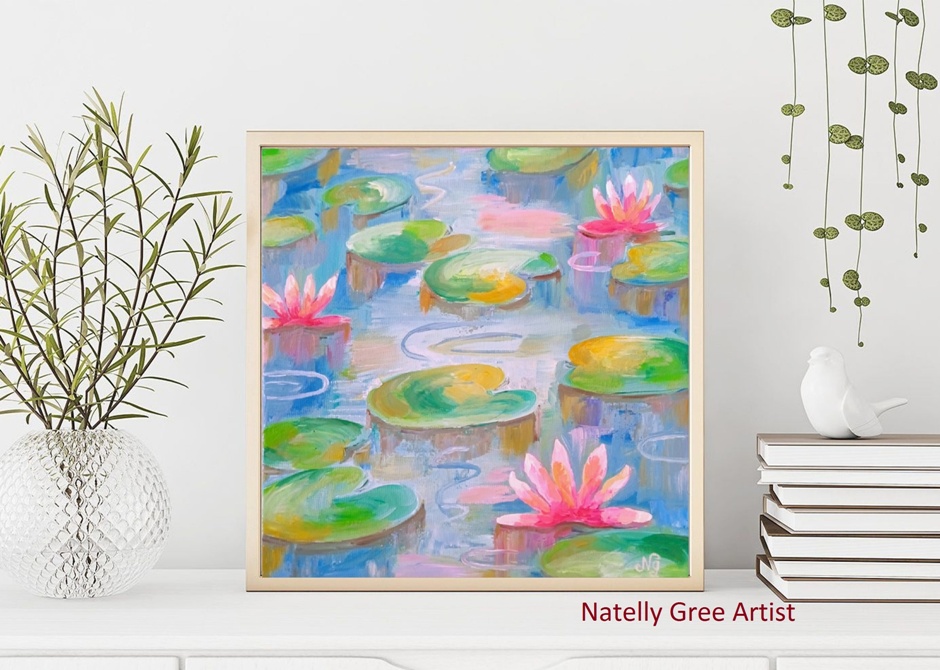 Lotus in Pond Art Water Llily Oil Painting Original Art Flower Wall Art Impressionist Floral Art Minimalist Painting Water Lily Oil Canvas Painting