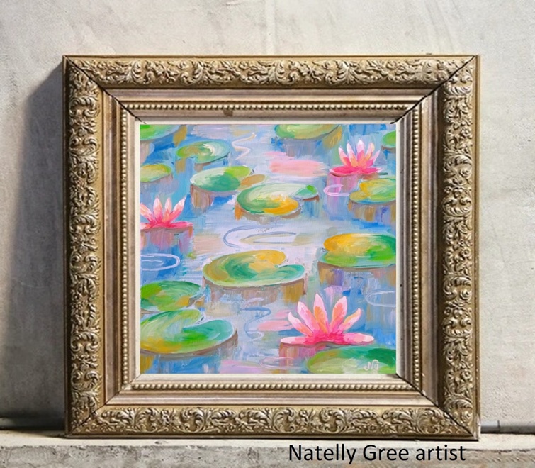 Lotus in Pond Art Water Llily Oil Painting Original Art Flower Wall Art Impressionist Floral Art Minimalist Painting Water Lily Oil Canvas Painting