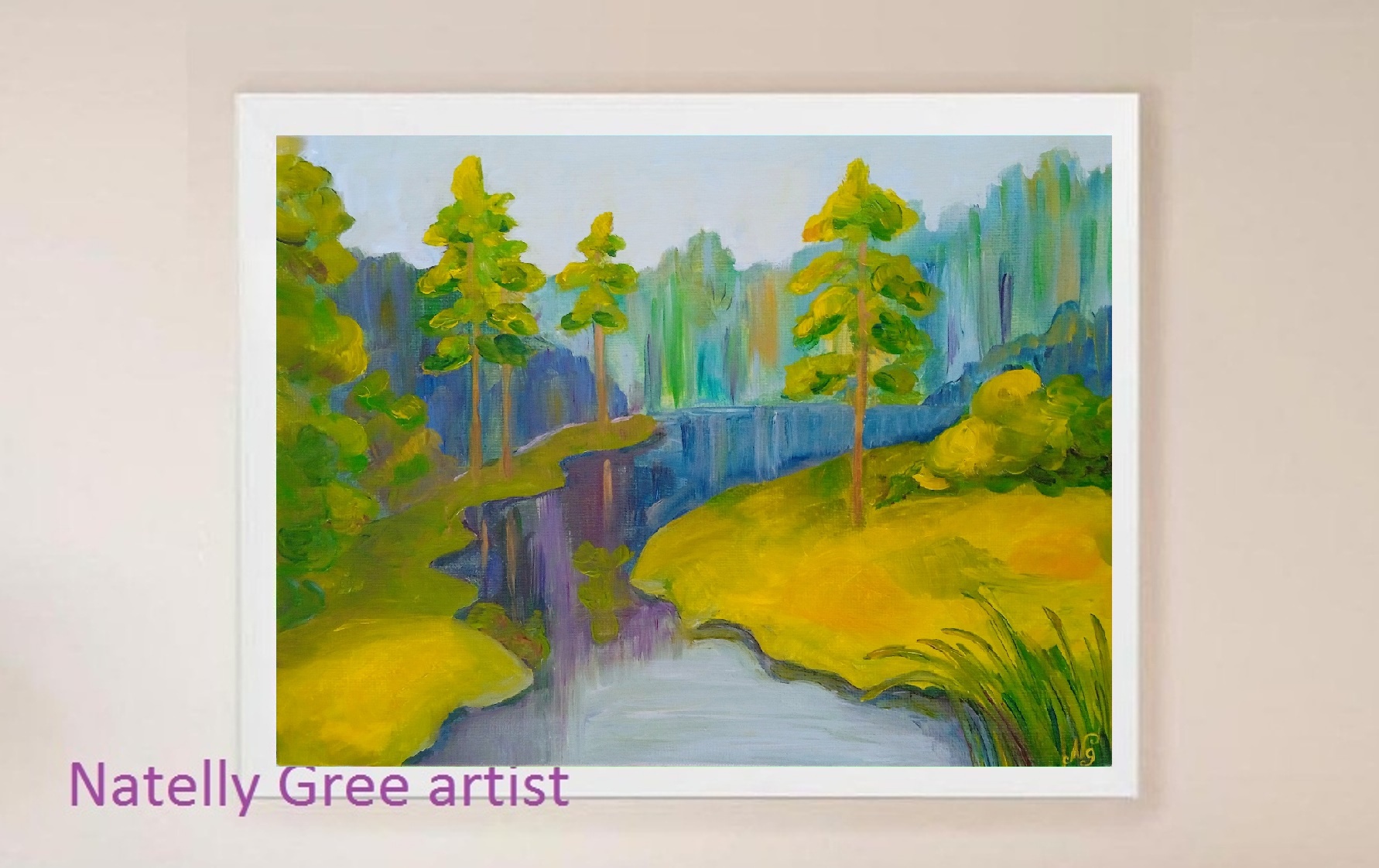 Pine Oil Painting Pine Forest Pond River Original Art Canvas Painting Natelly Gree