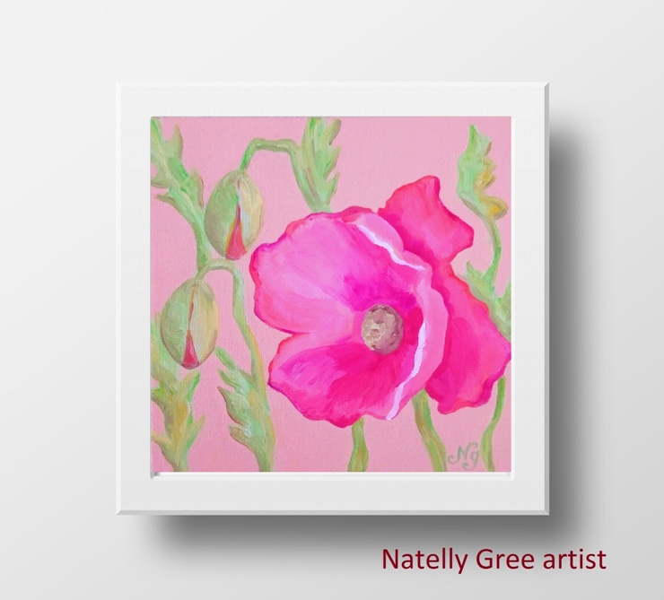 Poppy Oil Painting Original Art Flower Wall Art Pink Red Poppy Floral Art Minimalist Painting Natelly Gree