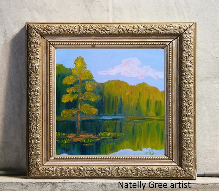 Pine Oil Painting Pine Forest Pond River Original Art Canvas Painting Natelly Gree