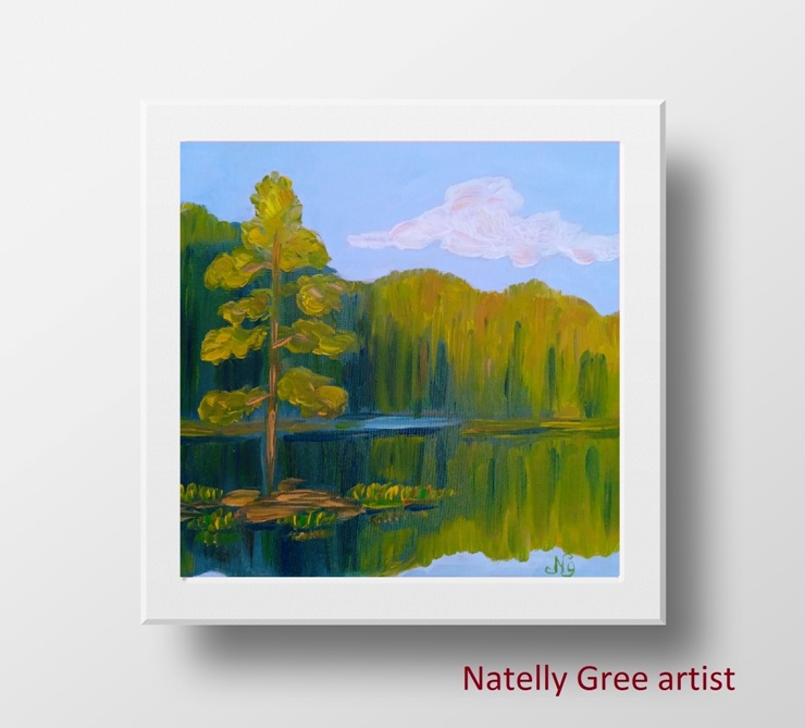 Pine Oil Painting Pine Forest Pond River Original Art Canvas Painting Natelly Gree