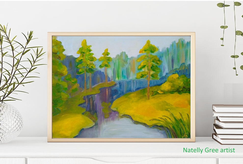 Pine Oil Painting Pine Forest Pond River Original Art Canvas Painting Natelly Gree