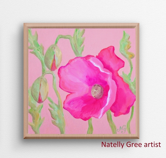 Poppy Oil Painting Original Art Flower Wall Art Pink Red Poppy Floral Art Minimalist Painting Natelly Gree