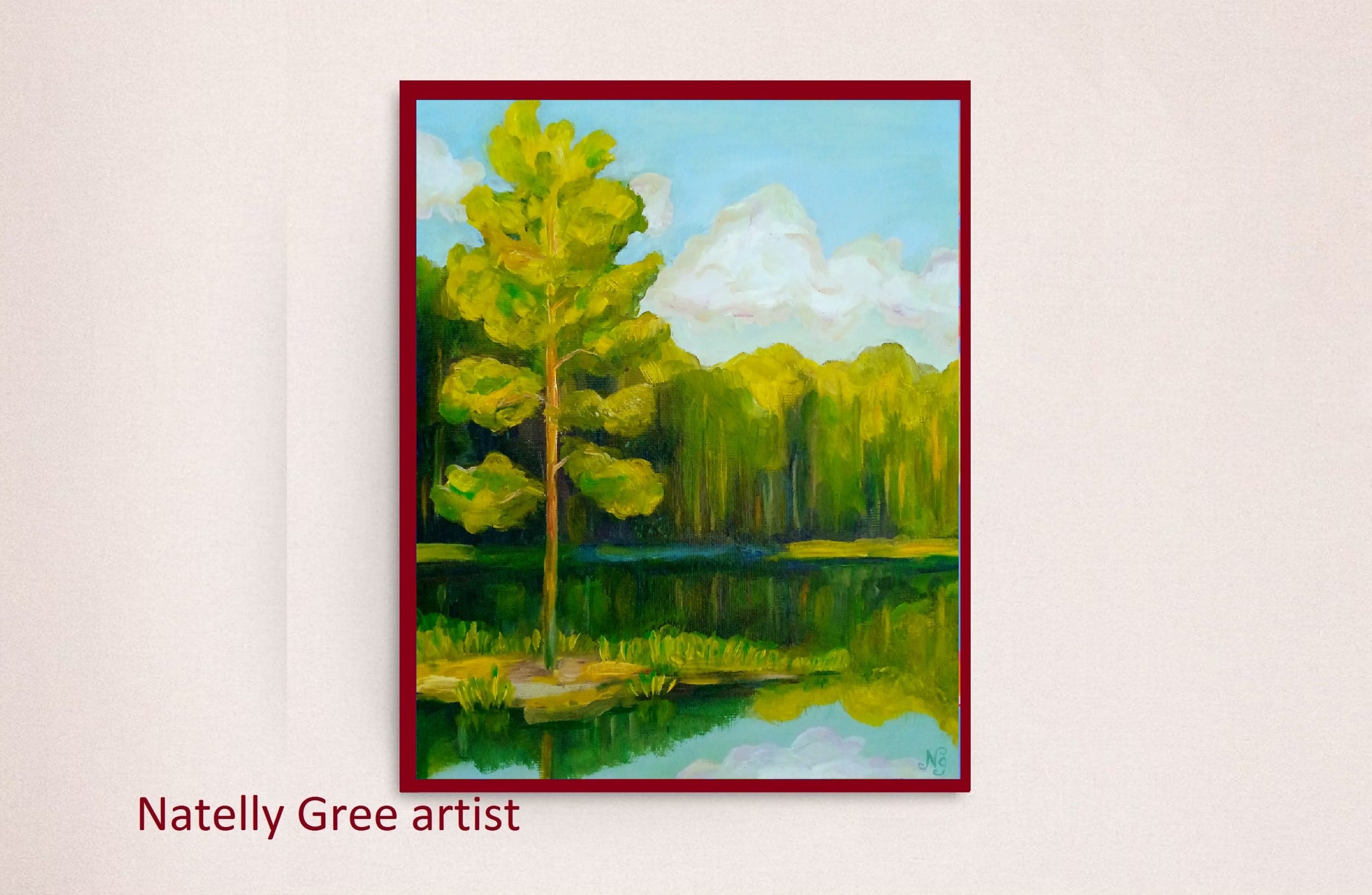 Pine at Pond Oil Painting Pine Forest Pond River Original Art Canvas Painting Natelly Gree