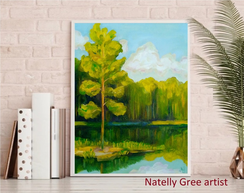 Pine at Pond Oil Painting Pine Forest Pond River Original Art Canvas Painting Natelly Gree