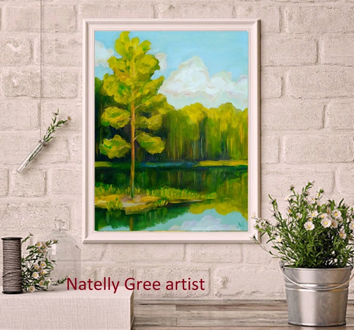 Pine at Pond Oil Painting Pine Forest Pond River Original Art Canvas Painting Natelly Gree