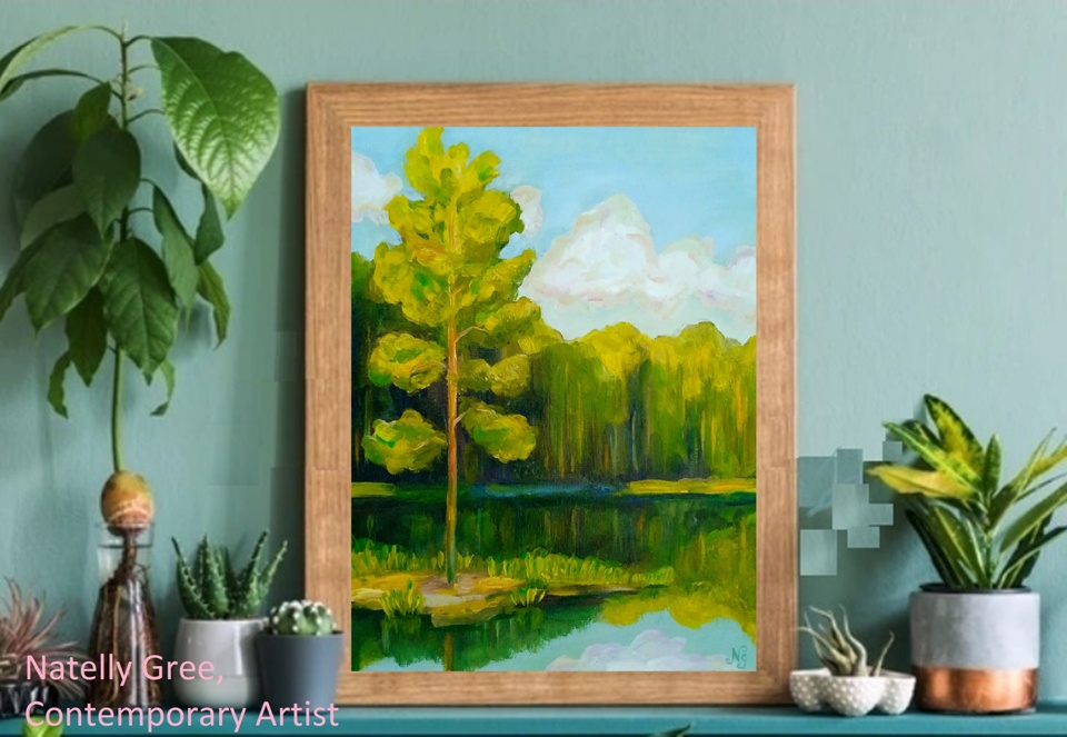 Pine at Pond Oil Painting Pine Forest Pond River Original Art Canvas Painting Natelly Gree