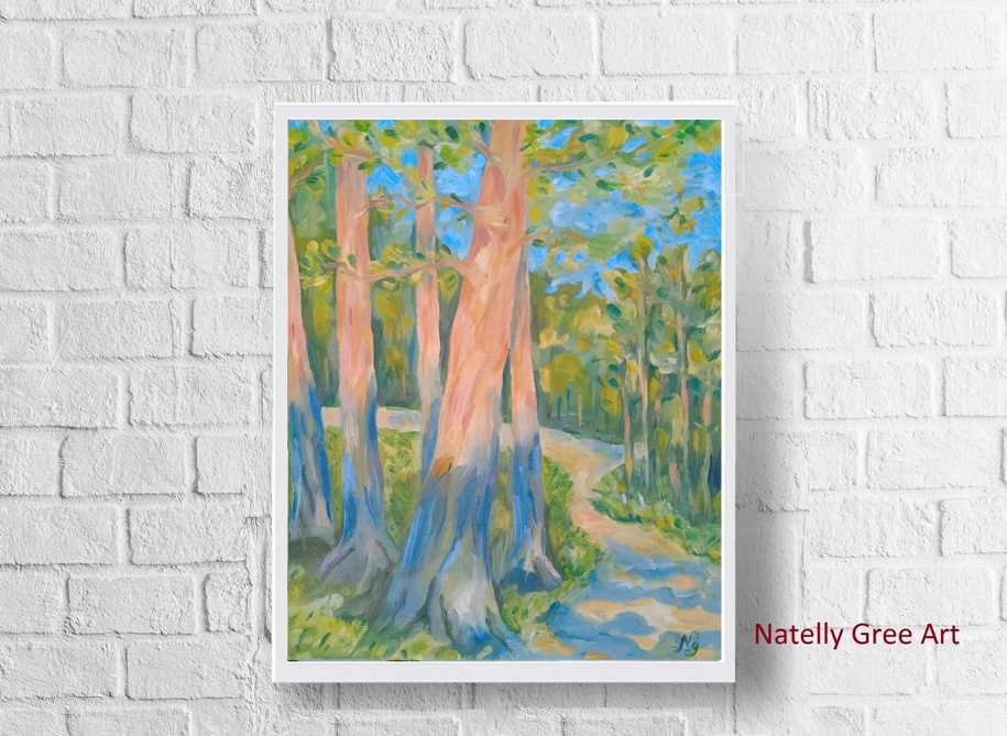 Forest Oil Painting, Pine Trees Original Art Oil on Canvas Fine Art Natelly Gree