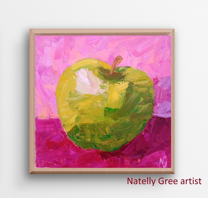 Green Apple Oil Painting Fruit Original Art Impasto Canvas Painting Natelly Gree