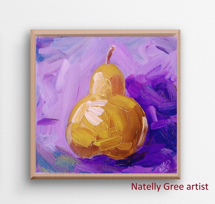 Yellow Green Pear Oil Painting Fruit Original Art Canvas Painting Natelly Gree