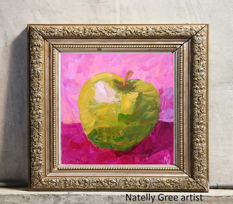 Green Apple Oil Painting Fruit Original Art Impasto Canvas Painting Natelly Gree