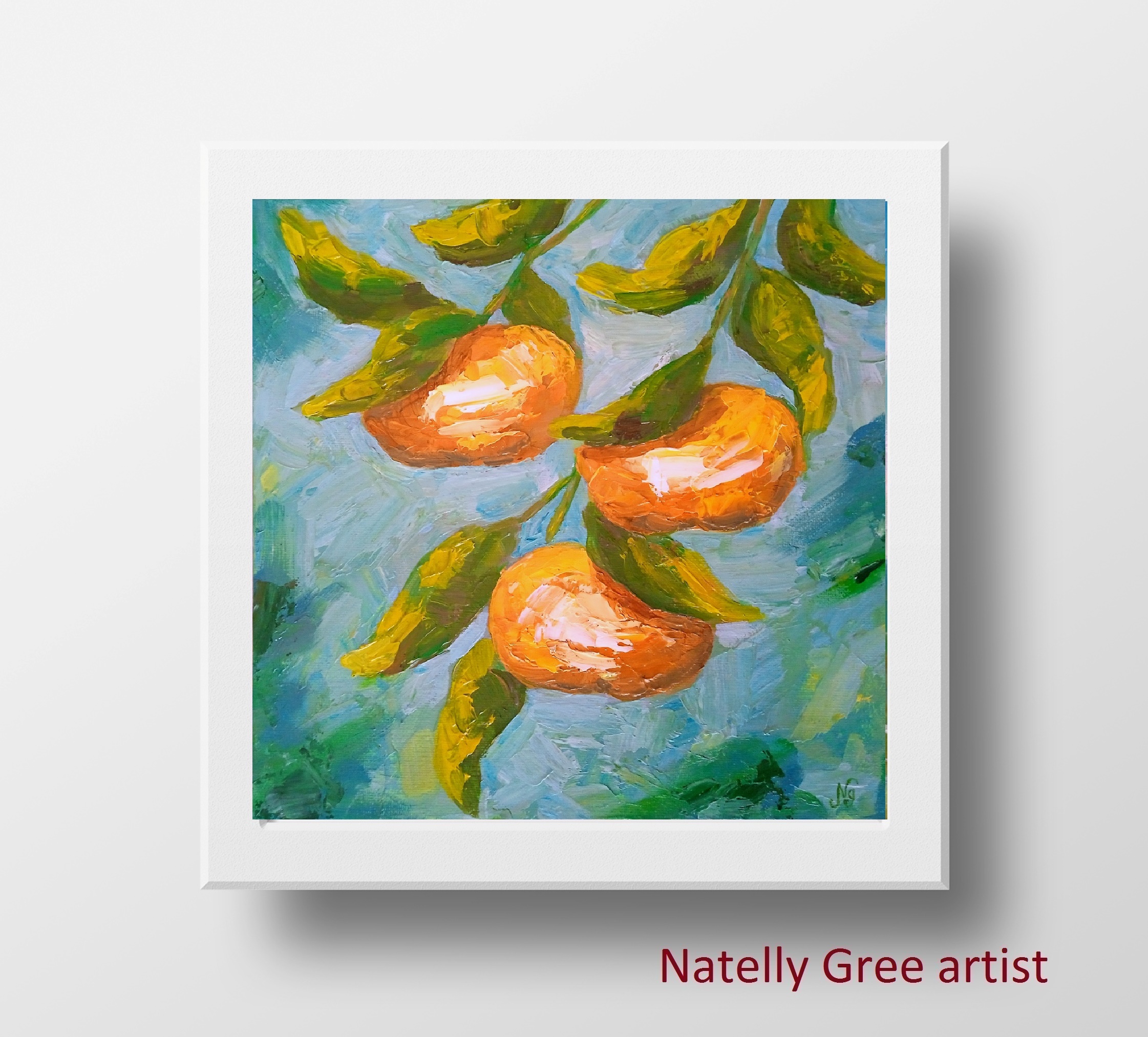 Mandarin Oil Painting Fruit Original Art Impressionist Tangerine Canvas Painting Natelly Gree