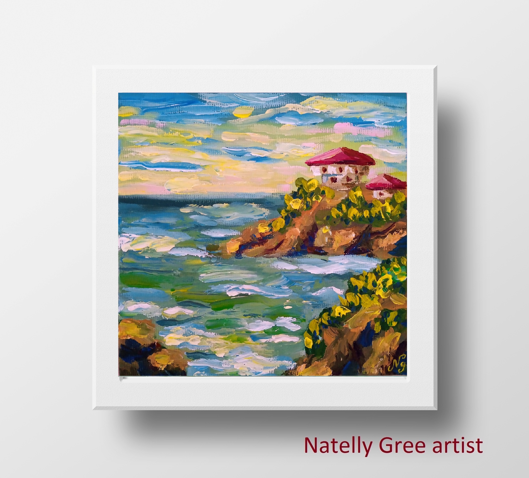 Seascape Oil Painting Sea Houses Original Art Canvas Painting Natelly Gree