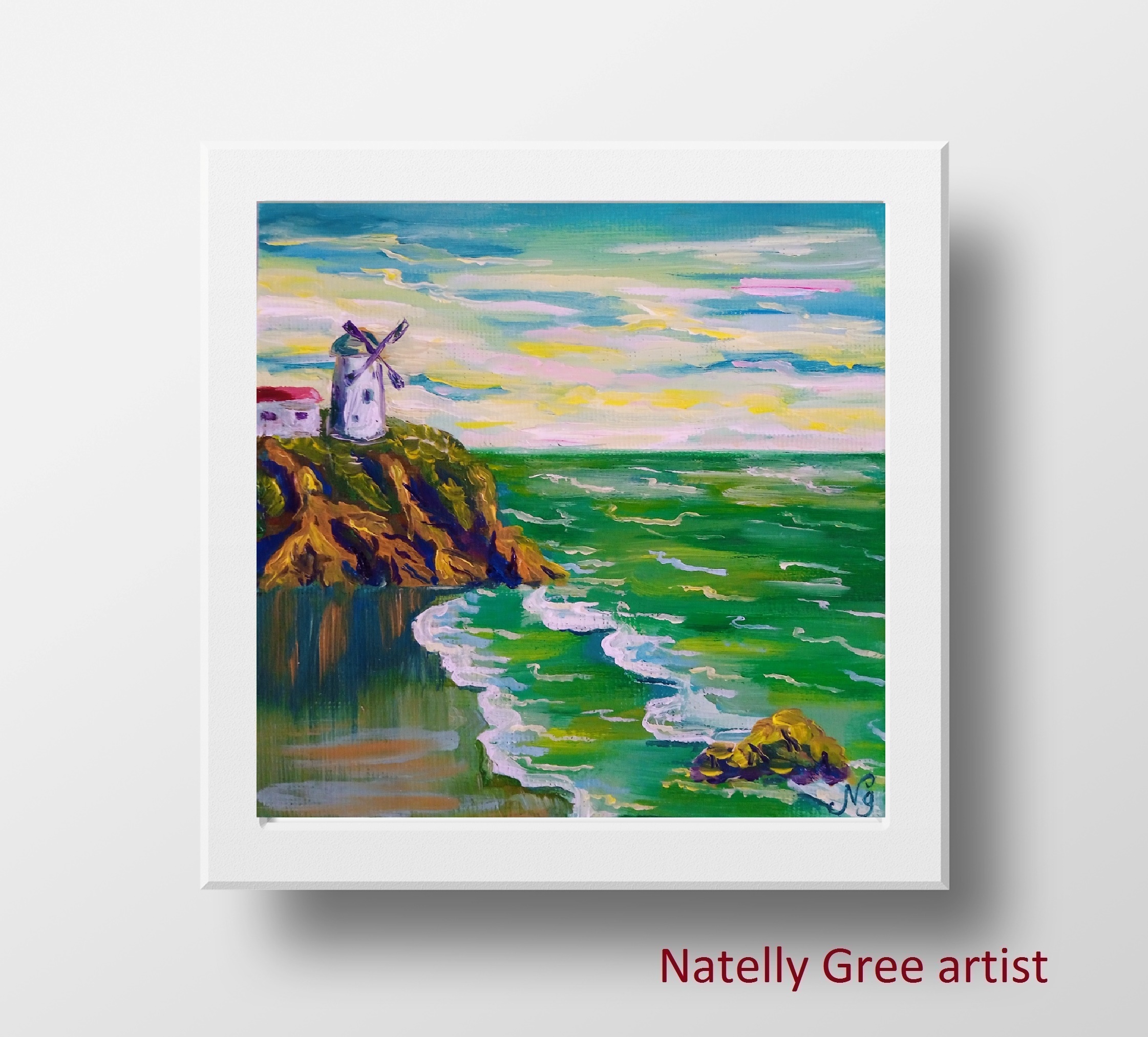 Sea Windmill Oil Painting Sea Houses Original Art Canvas Painting Natelly Gree