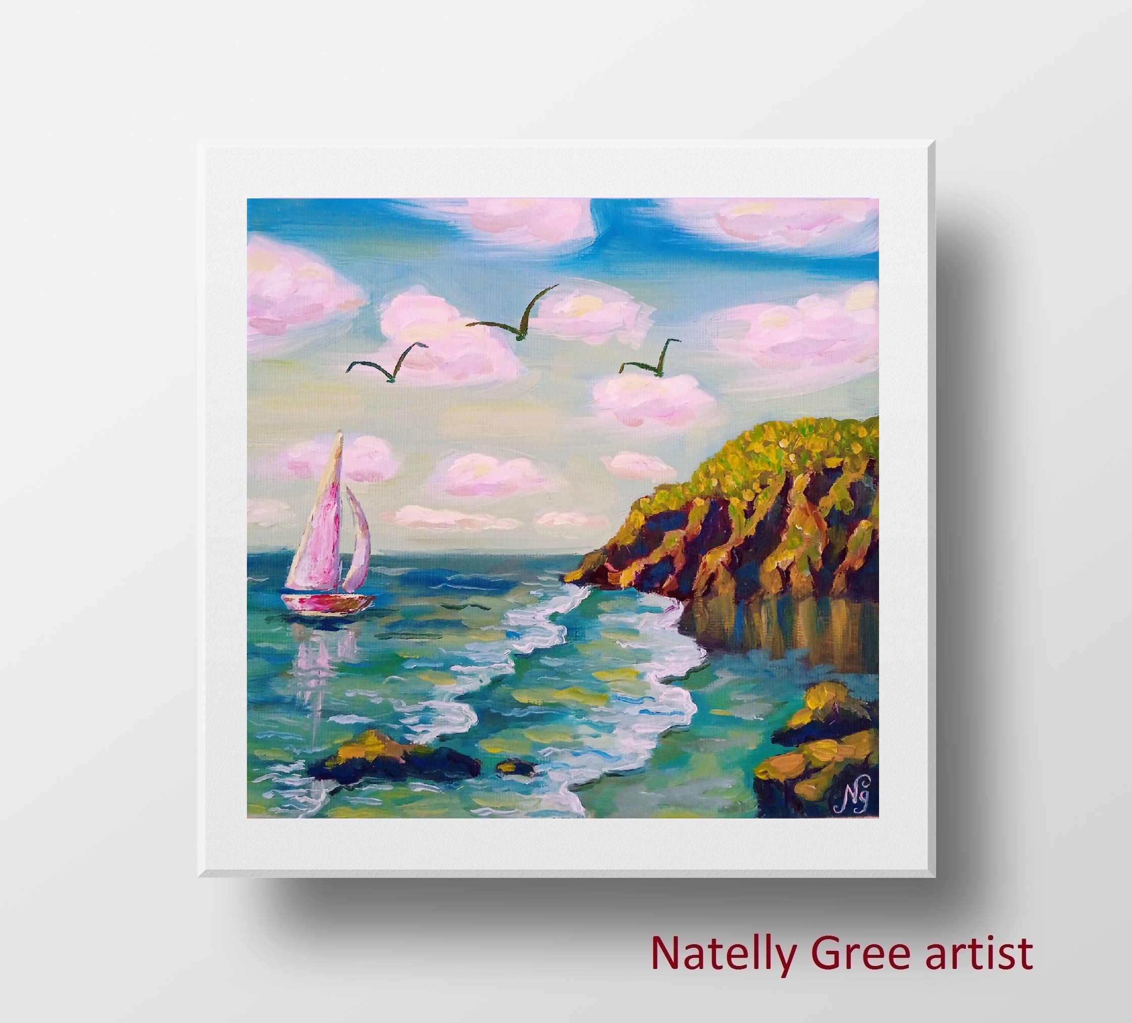 Boat Yacht Seascape Oil Painting Sea Original Art Canvas Painting Natelly Gree