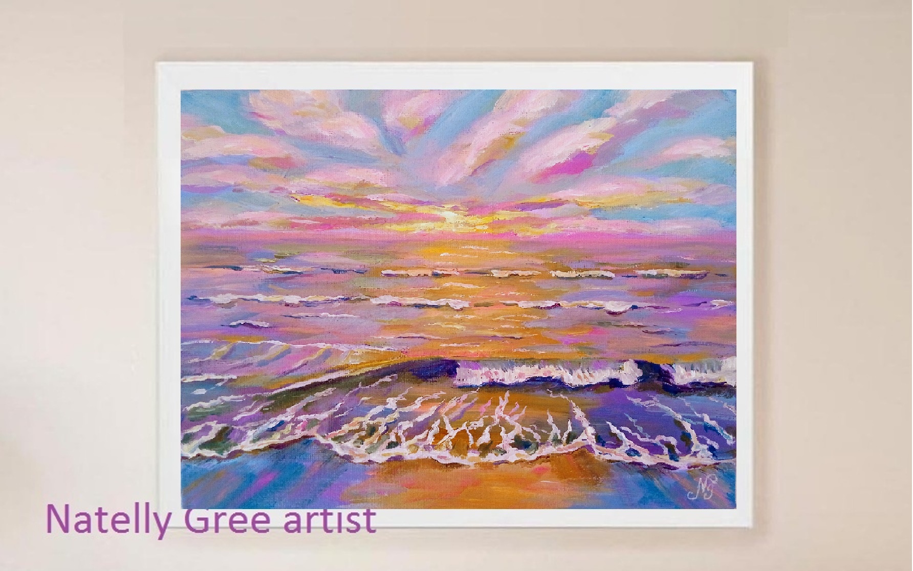 Pink Seascape Oil Painting Sea Original Art Canvas Painting Sun Natelly Gree