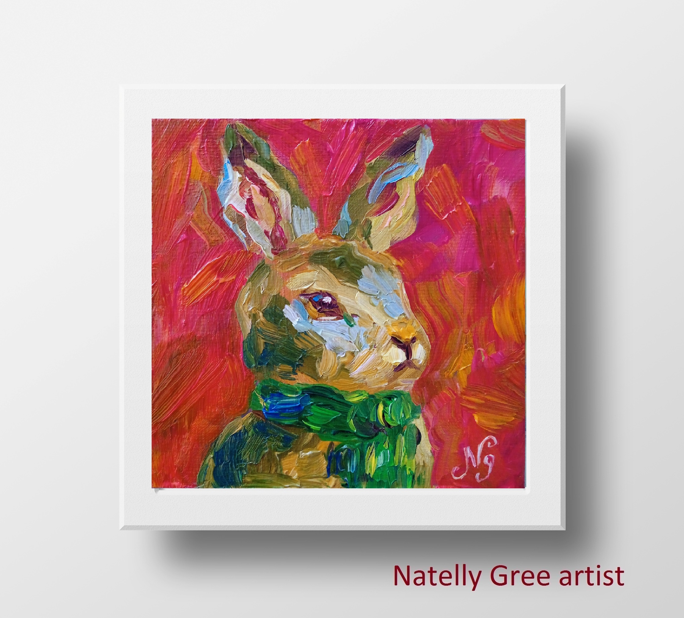 Bunny Oil Painting Small Bunny Original Art Oil on Canvas Rabbit on red Fine Art