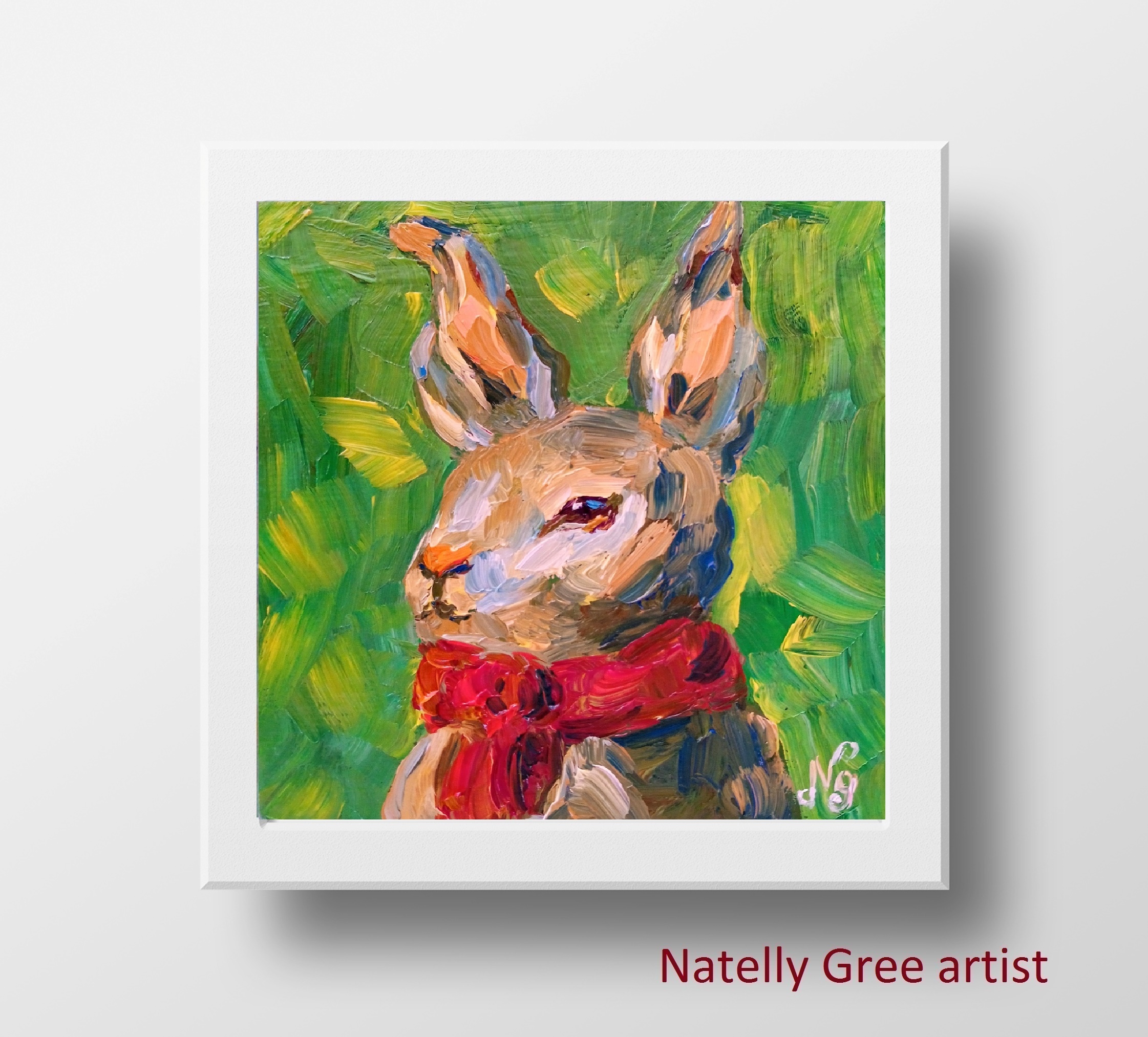 Hare Oil Painting Small Bunny Original Art Oil on Canvas Rabbit on red Fine Art