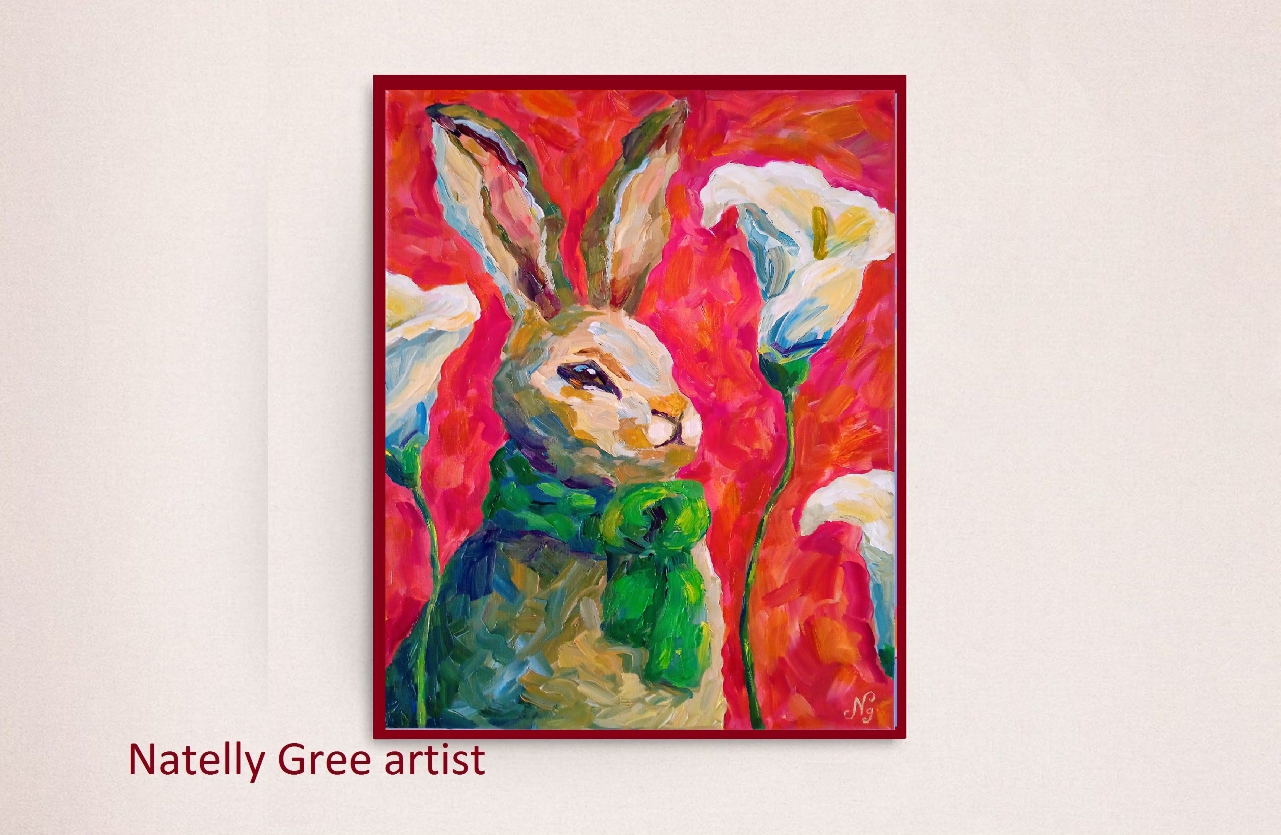 Rabbit with Flowers Oil Painting Bunny Original Art Oil on Canvas Hare Fine Art