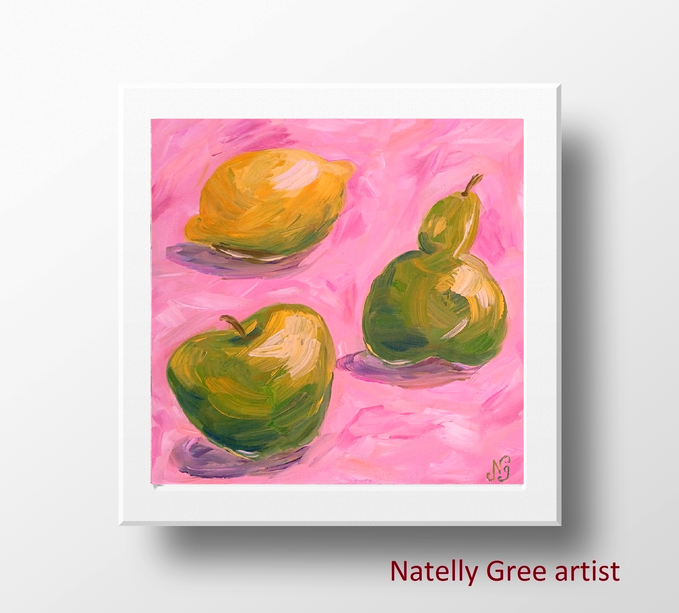 Apple Pear Lemon Oil Painting Fruit Wall Art Impressionist Original Art Still Life